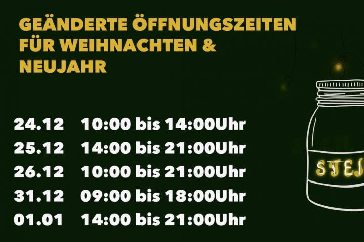 Steil Holidays. Opening hours of Boulderhalle Steil in Karlsruhe Christmas a new years eve: 24.12.: 10 am to 2 pm, 25.12.: 2 pm to 9 pm, 26.12.: 10 am to 9 pm, 31.12. 9 am to 6 pm and 01.01.: 2 pm to 9 pm.