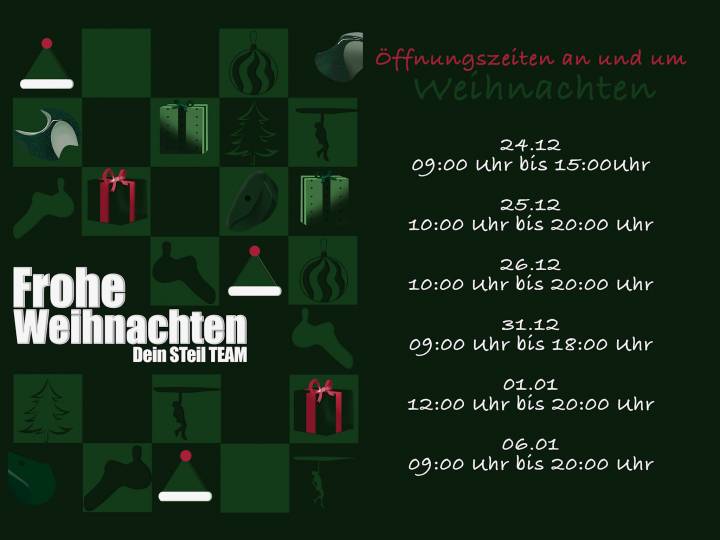 Weihnachts-Steil-Zeit in der Boulderhalle Steil in Karlsruhe. Alle Öffnungszeiten an Weihnachten & Feiertagen auf einen Blick. Komm bouldern statt rumsitzen.