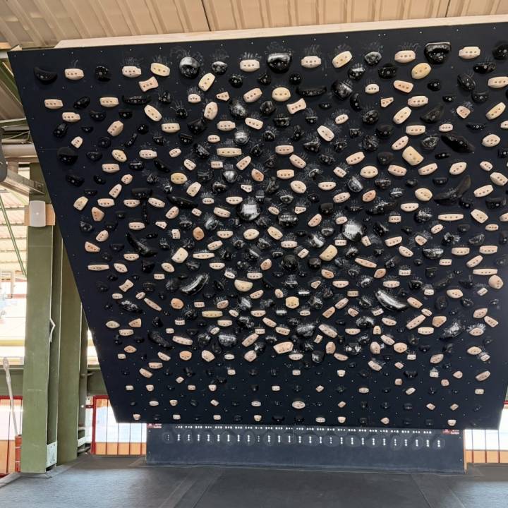 Das Tension Board 2 ist in der Boulderhalle Steil in Karlsruhe installiert. Dieses revolutionäre Trainingsboard beinhaltet sowohl Holz- als auch Plastikgriffe in schwarz. Eine LED in der Mitte jeden Griffs zeigt den aus der App gewählten Boulder an.