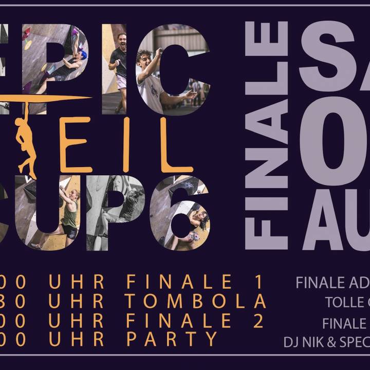 Plakat um den Epic Steil Cup 6 zu bewerben. Das Finale findet am 01. August in der Boulderhalle Steil in Karlsruhe statt.